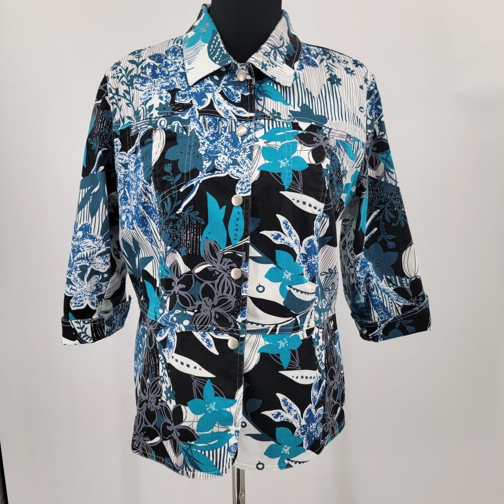 Coldwater Creek Women L Blue Cotton Floral 3/4 Sleeve Collar Snap Unlined Jacket